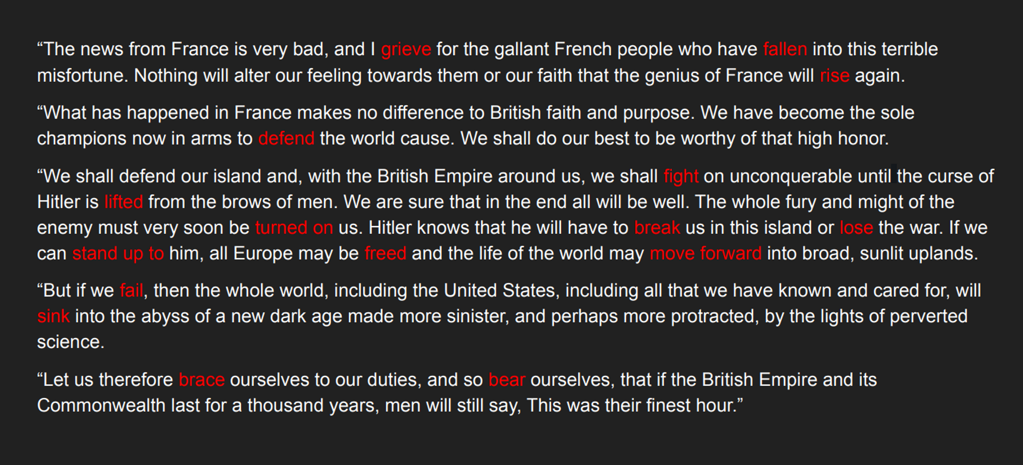 Paragraph of a Churchill speech with verbs in red font.